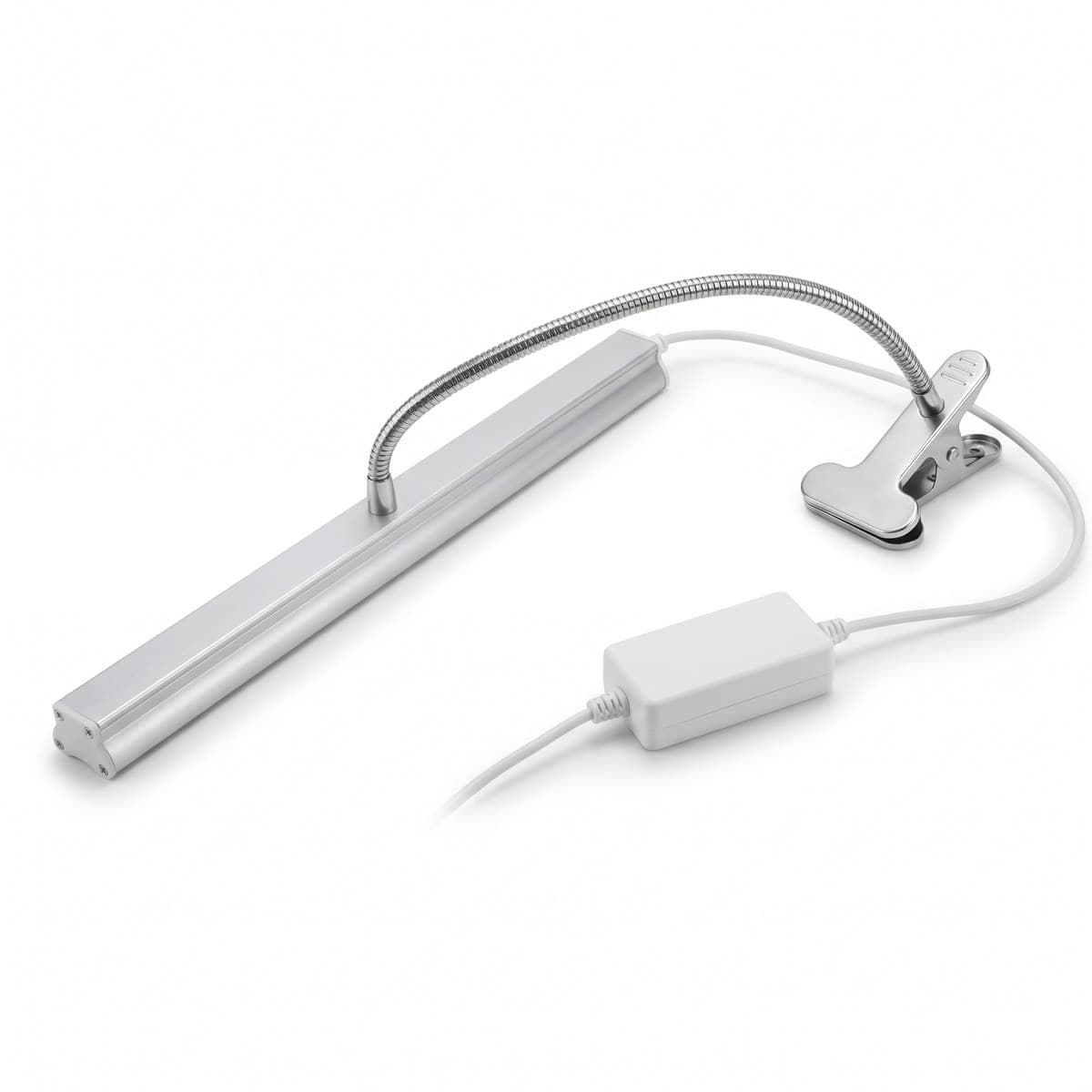 A 24 inch LED grow light bar on a clamp with a flexible neck and an inline timer
