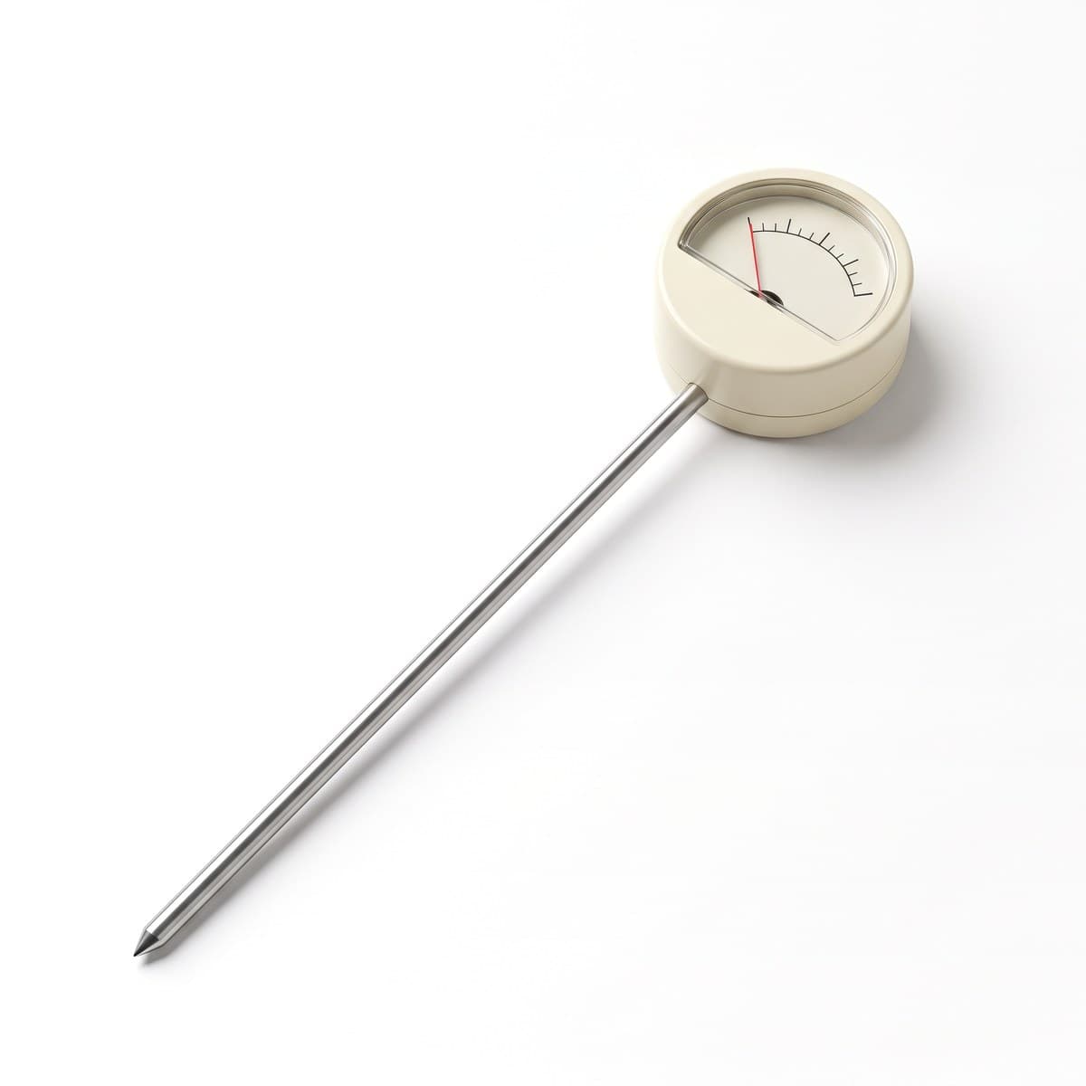 A soil moisture meter with a long metal probe and a round dial marked dry, moist and wet