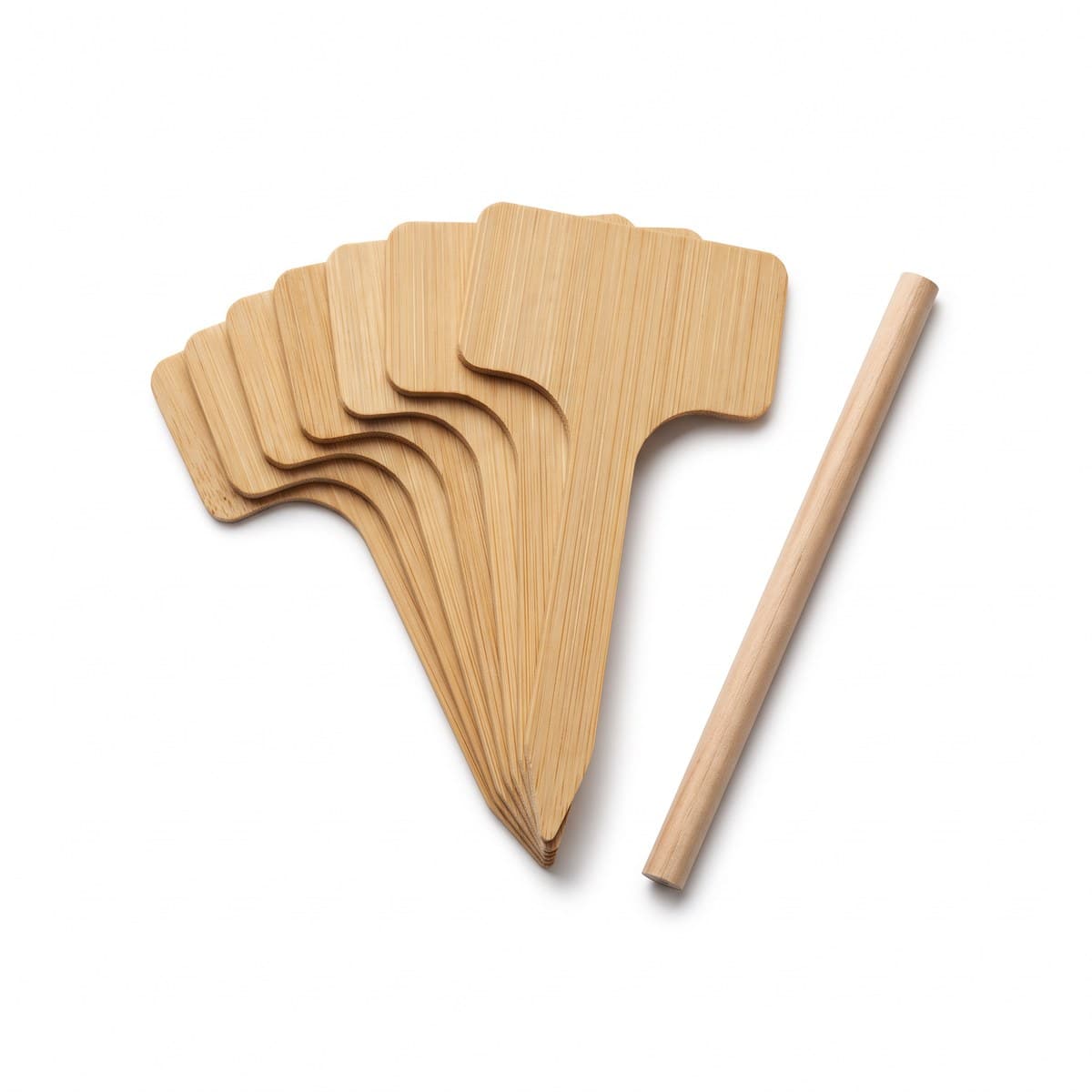 A few flat bamboo plant markers standing with a pencil, part of a pack of twenty