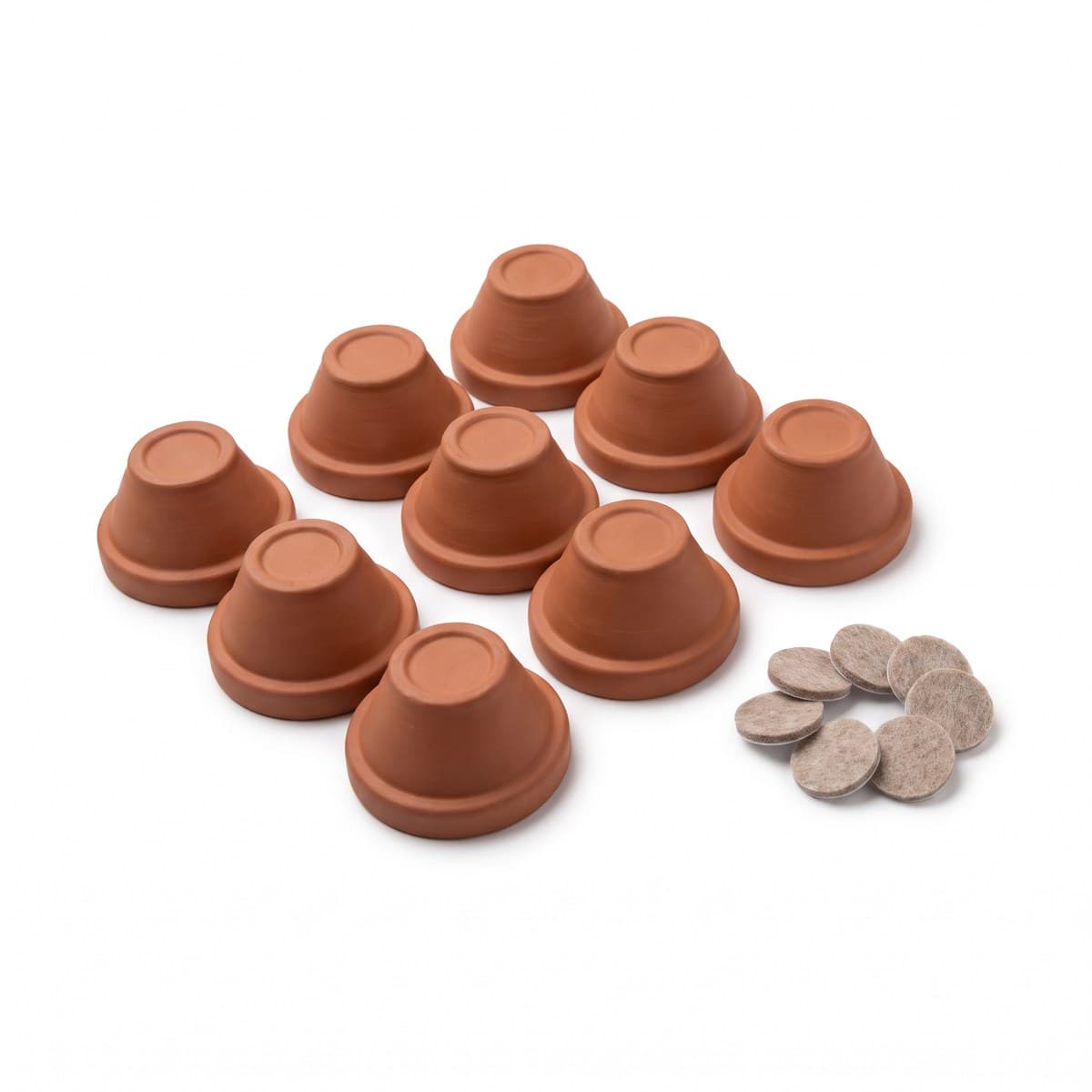 Twelve small terracotta-colour pot feet grouped together, with stick-on pads