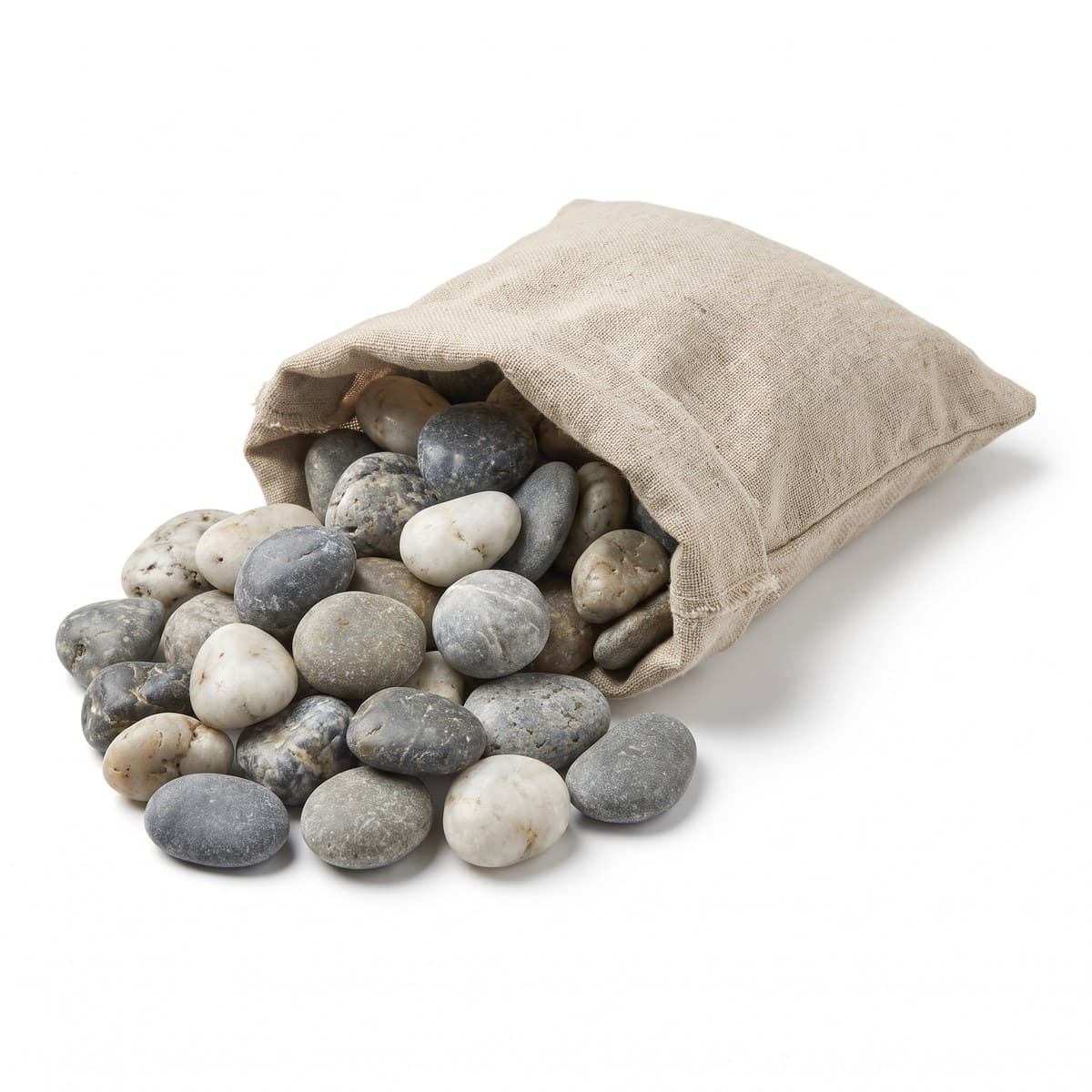 A bag of smooth mixed-grey river stones spilling out, for dressing the top of a pot