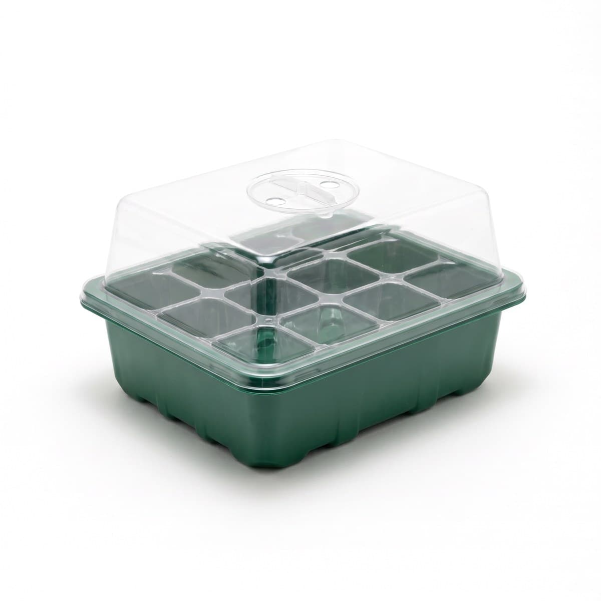 A seed starting tray with a 12-cell insert and a clear vented dome