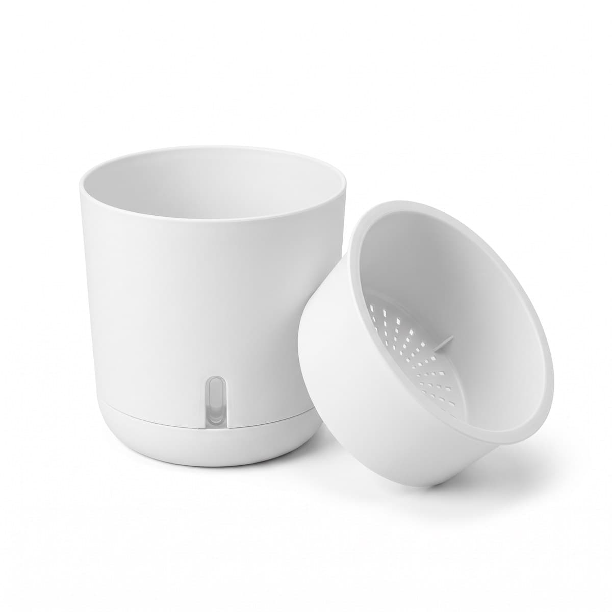 A matte white round self-watering pot with a water-level window on the side