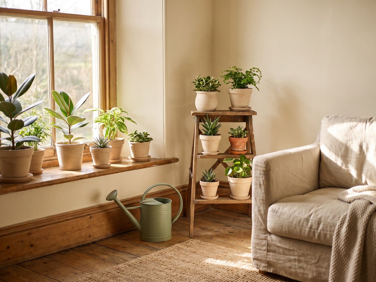 A sunny room with potted plants in ceramic and terracotta pots along a wide windowsill and on a wooden plant stand, a watering can on the floor