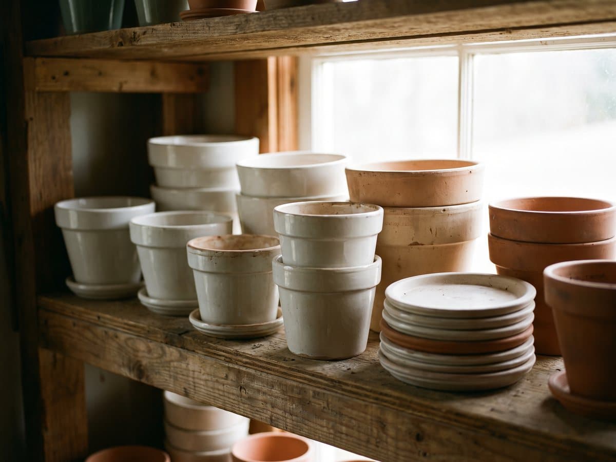 A shelf of empty glazed ceramic and terracotta pots in several sizes, with saucers stacked beside them